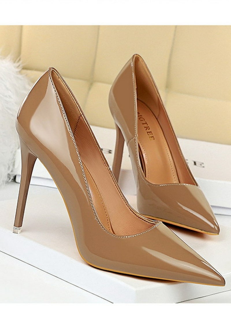 بيج تري Women's Fashionable Shiny Stiletto Pumps 10.5cm Elegant Gorgeous Closed Pointed Toe Slip On Solid High Heels Camel - Image 2