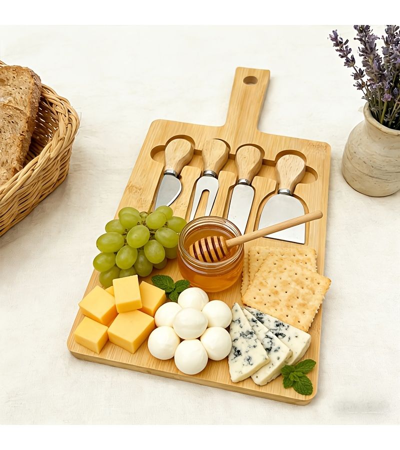 Model A Bamboo Cheese Board and Serving Tray Set Multi Use Cutting Board with Cheese Plate for Weddings Parties Housewarming Gifts Charcuterie Commercial Use - Image 1