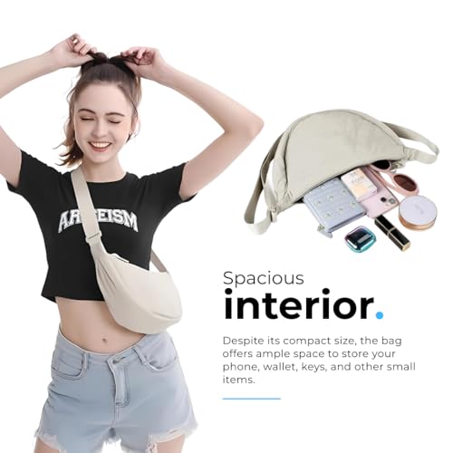 Tressential Nylon Half Moon Shape Crossbody Bag for Women Men | Lightweight Travel Crescent Shape Chest Bag | Sling Bag (Off White) - Image 3