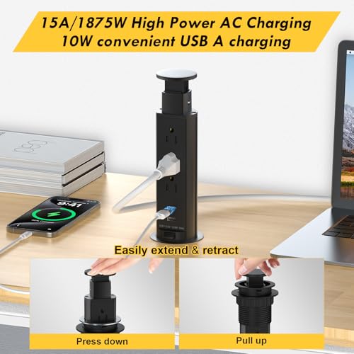 Kungfuking Pop Up Electrical Outlet for Countertop, Recessed Power Strip with 3 AC Outlet & 2 USB Ports,2.5" Hole Pull Pop Up Socket Hidden Outlets, Pop Out Power Outlet for Kitchen Counter Conference Desk - Image 3