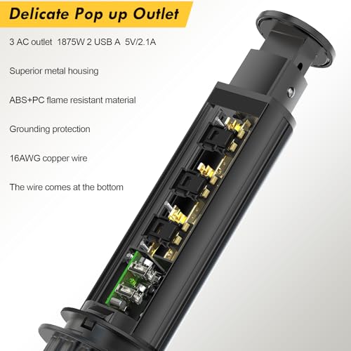 Kungfuking Pop Up Electrical Outlet for Countertop, Recessed Power Strip with 3 AC Outlet & 2 USB Ports,2.5" Hole Pull Pop Up Socket Hidden Outlets, Pop Out Power Outlet for Kitchen Counter Conference Desk - Image 4