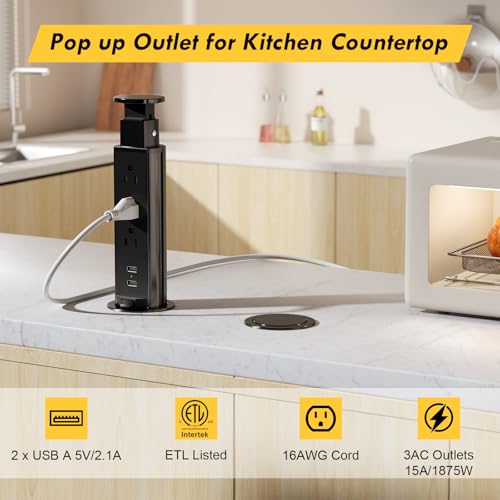 Kungfuking Pop Up Electrical Outlet for Countertop, Recessed Power Strip with 3 AC Outlet & 2 USB Ports,2.5" Hole Pull Pop Up Socket Hidden Outlets, Pop Out Power Outlet for Kitchen Counter Conference Desk - Image 2