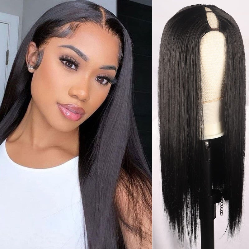 SCENTW Straight V Part Wig Synthetic Black Upgrade U Part Wigs for Black Women Glueless Full Head Clip In Hair Extensions Wig V Shape No Leave Out Wigs for Women Natural soft 150% Density(1B) - Image 1