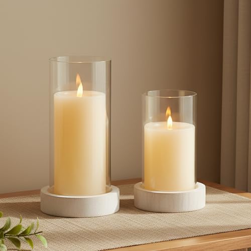 Ronasip Set of 2 Hurricane Candle Holders with Wood Base & Glass Cylinder (4.2x5.9” & 4.6x7.8”) – Rustic Wooden Candle Holders for Home Decor, Weddings, Table Centerpieces (2, White) - Image 1
