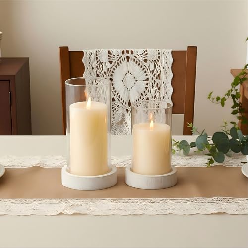 Ronasip Set of 2 Hurricane Candle Holders with Wood Base & Glass Cylinder (4.2x5.9” & 4.6x7.8”) – Rustic Wooden Candle Holders for Home Decor, Weddings, Table Centerpieces (2, White) - Image 3