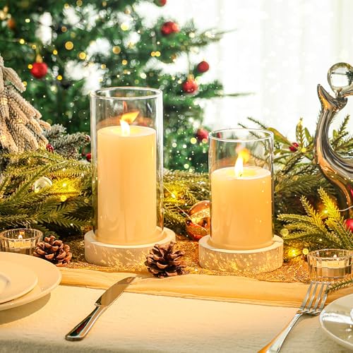 Ronasip Set of 2 Hurricane Candle Holders with Wood Base & Glass Cylinder (4.2x5.9” & 4.6x7.8”) – Rustic Wooden Candle Holders for Home Decor, Weddings, Table Centerpieces (2, White) - Image 4