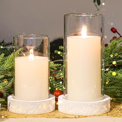 Ronasip Set of 2 Hurricane Candle Holders with Wood Base & Glass Cylinder (4.2x5.9” & 4.6x7.8”) – Rustic Wooden Candle Holders for Home Decor, Weddings, Table Centerpieces (2, White) - Image 2