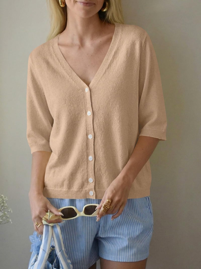 Saodimallsu Womens Half Short Sleeve Cardigans Summer Lightweight Knit V Neck Button Down Casual Sweater Tops Khaki - Image 3
