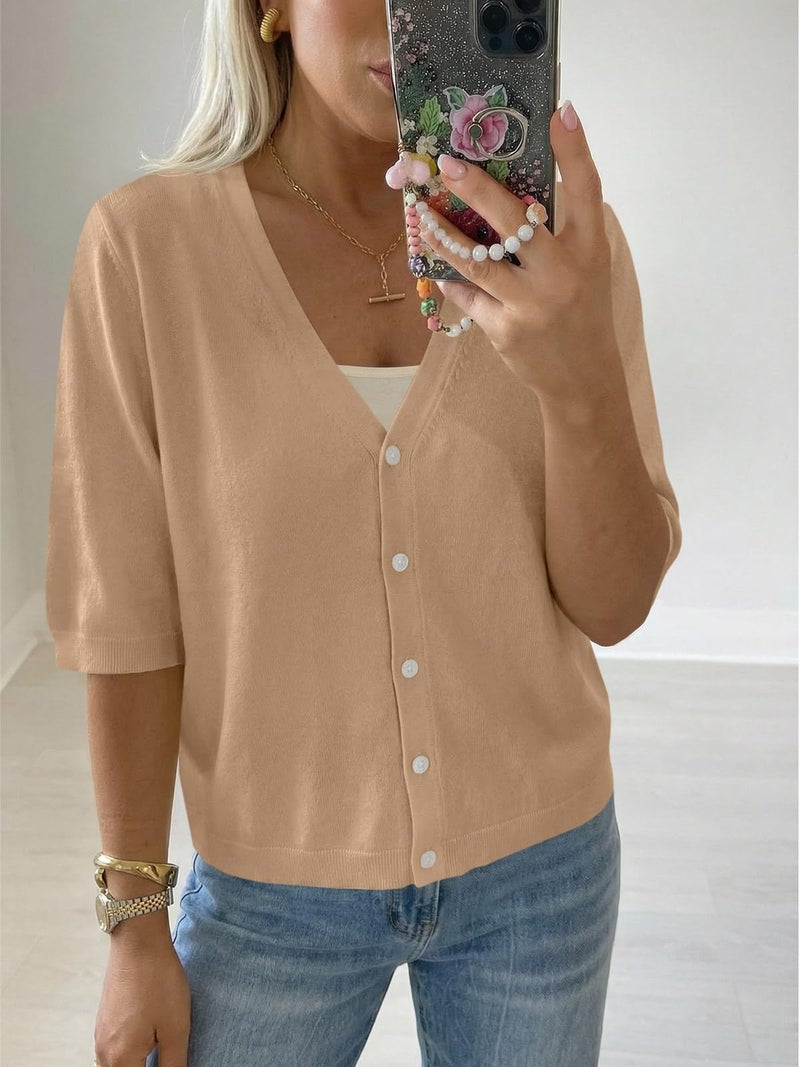 Saodimallsu Womens Half Short Sleeve Cardigans Summer Lightweight Knit V Neck Button Down Casual Sweater Tops Khaki - Image 2