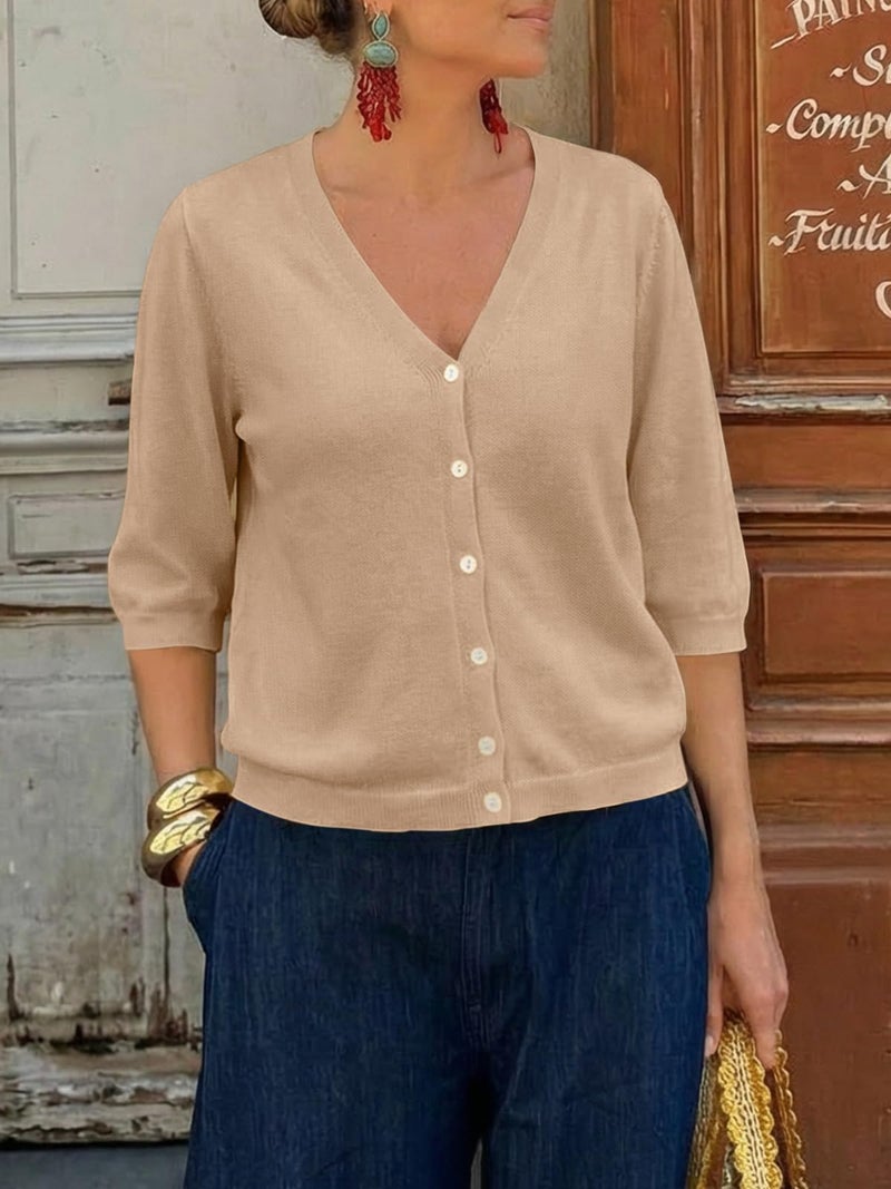 Saodimallsu Womens Half Short Sleeve Cardigans Summer Lightweight Knit V Neck Button Down Casual Sweater Tops Khaki - Image 4