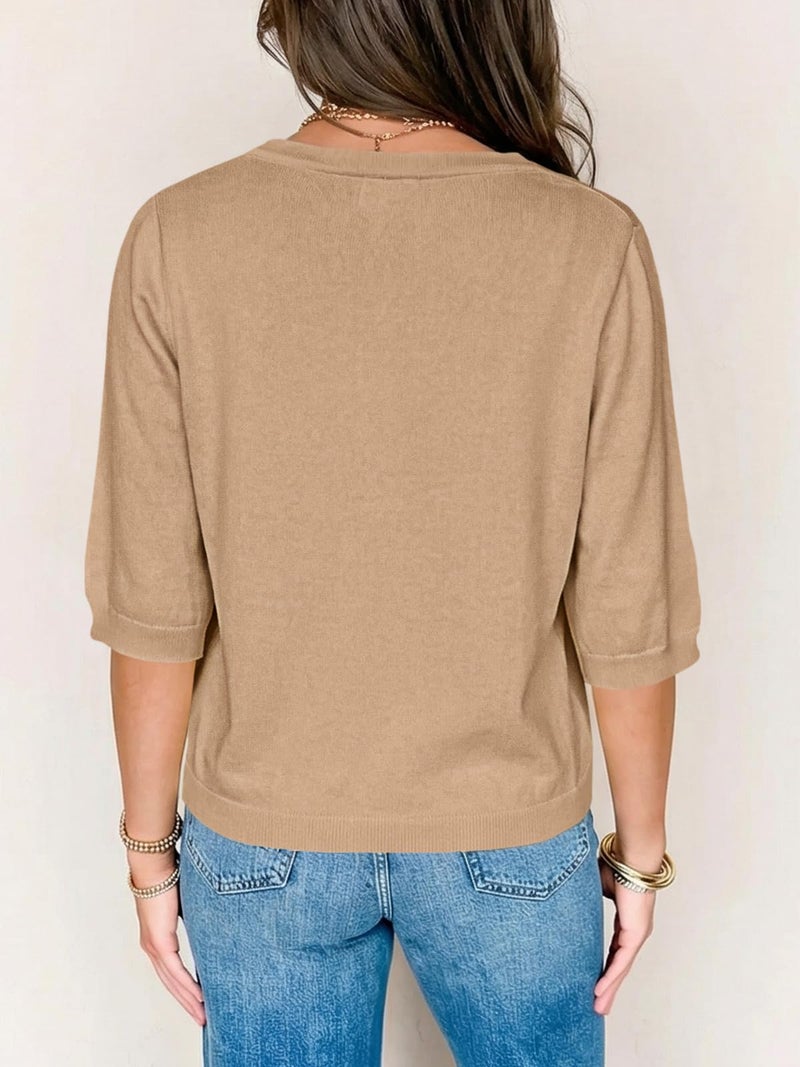 Saodimallsu Womens Half Short Sleeve Cardigans Summer Lightweight Knit V Neck Button Down Casual Sweater Tops Khaki - Image 5