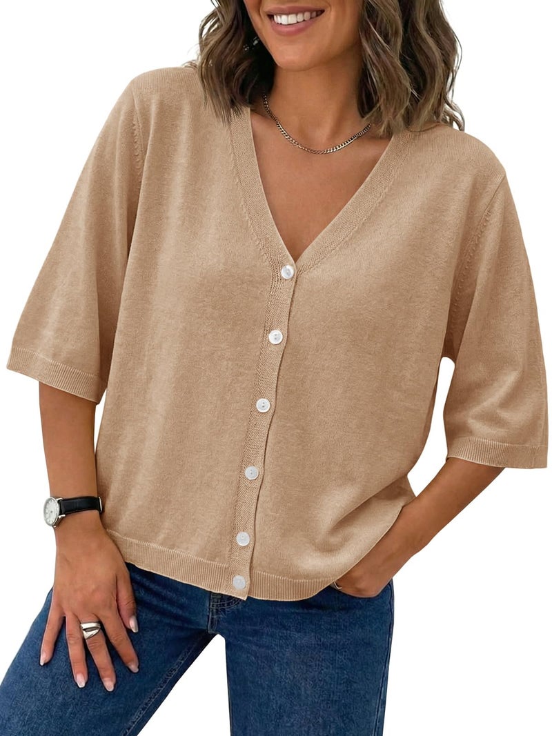 Saodimallsu Womens Half Short Sleeve Cardigans Summer Lightweight Knit V Neck Button Down Casual Sweater Tops Khaki - Image 1