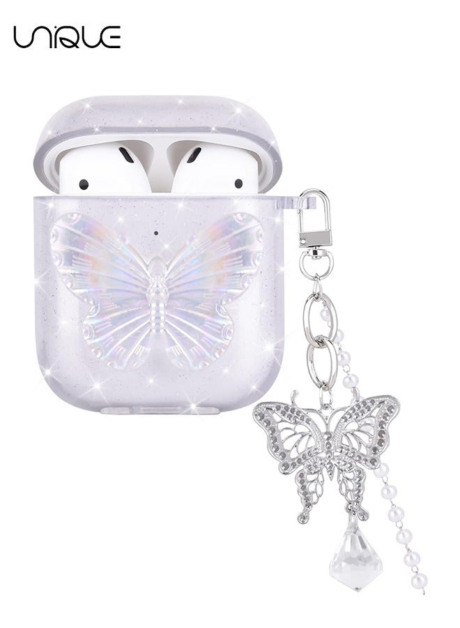 يونيك ل AirPod 2/1 مع سلسلة أساور كريستال الفراشة ، لطيف بلينغ فراشة نمط لينة TPU غطاء شفاف حالة متوافقة مع AirPod الجيل الثاني للفتيات النساء - Image 1
