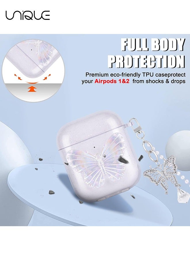 يونيك ل AirPod 2/1 مع سلسلة أساور كريستال الفراشة ، لطيف بلينغ فراشة نمط لينة TPU غطاء شفاف حالة متوافقة مع AirPod الجيل الثاني للفتيات النساء - Image 2