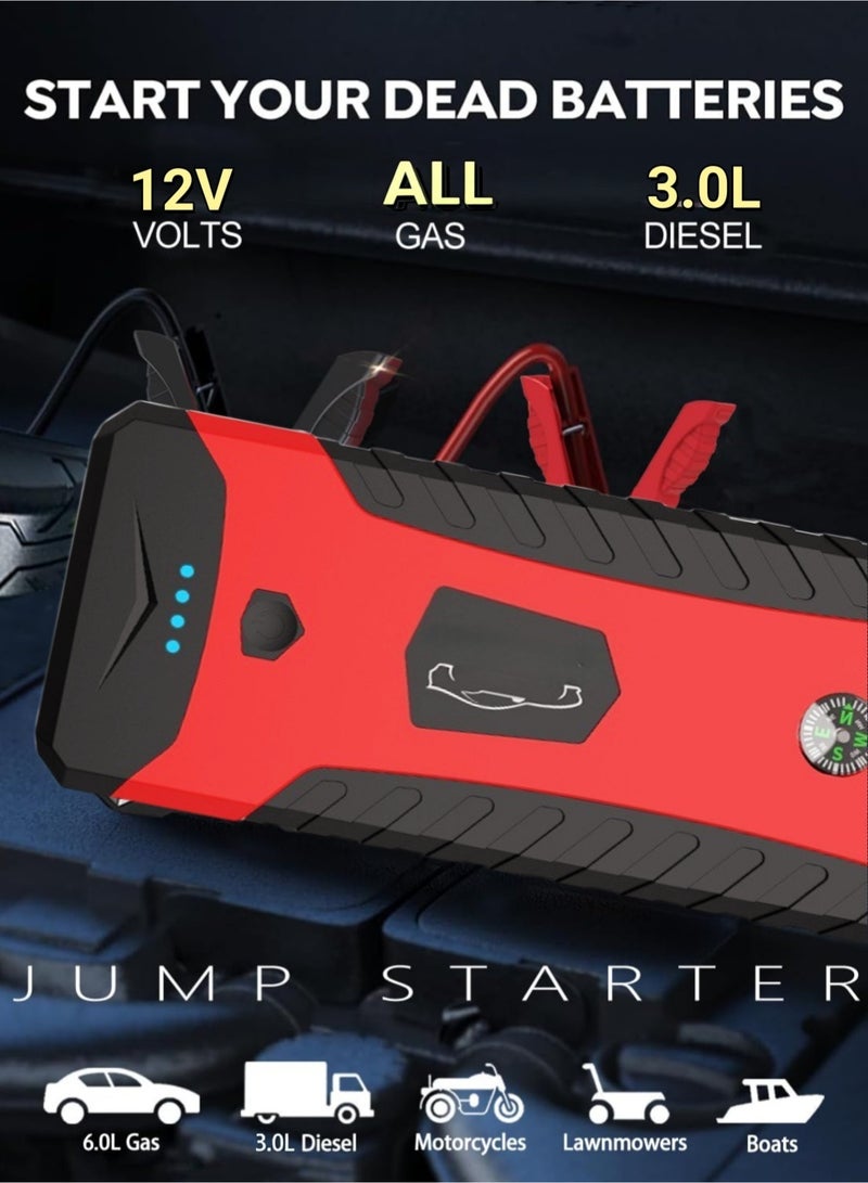 Bolivia's Jump starter with Flashlight 800A peak current 6000mAh. Suitable for gasoline and diesel vehicles. Features include compass, power bank, and large-capacity storage. - Image 2