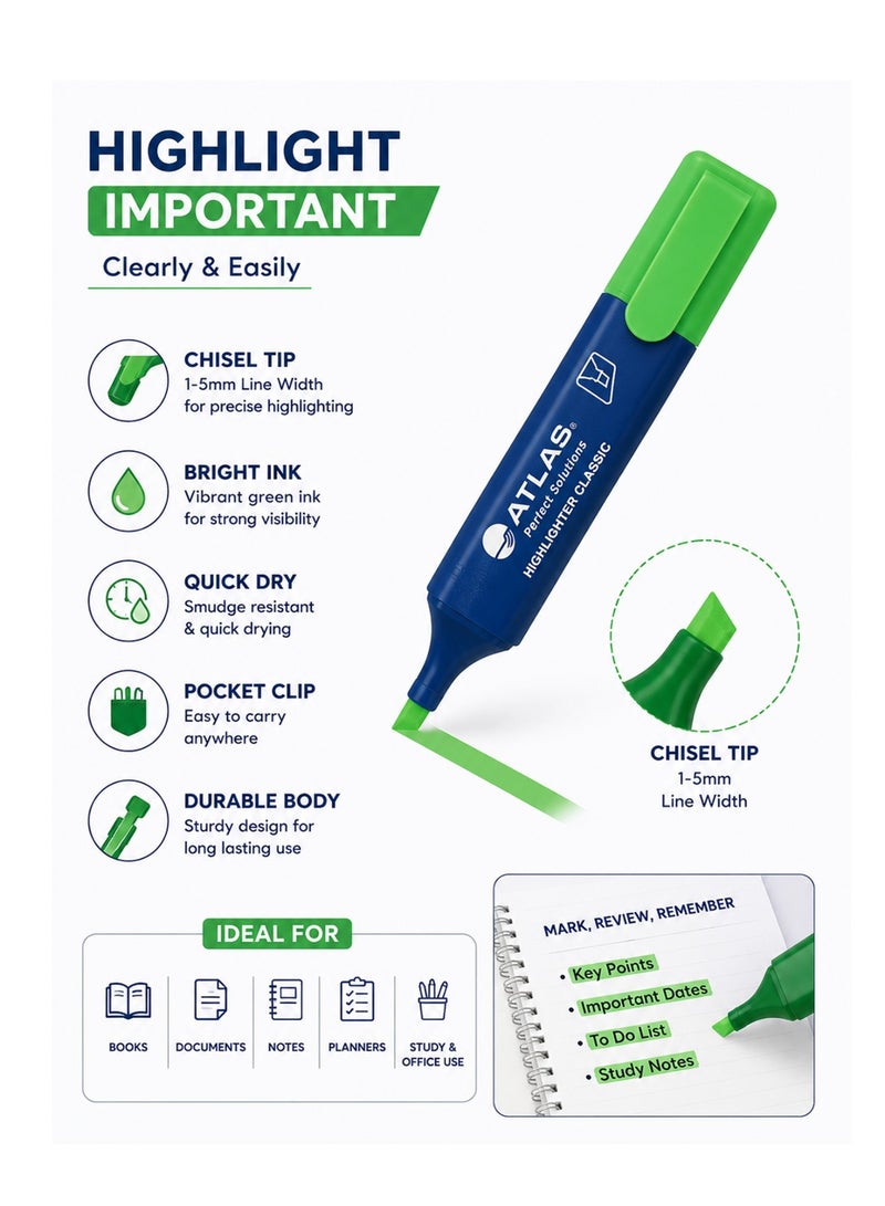 ATLAS 10-Piece Classic Highlighter Green Ink - Image 2