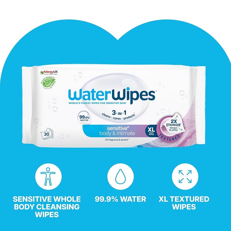 WaterWipes Sensitive+ Body & Intimate Cleansing Wipes, 99.9% Purified Water - Image 2