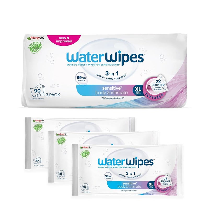 WaterWipes Sensitive+ Body & Intimate Cleansing Wipes, 99.9% Purified Water - Image 1