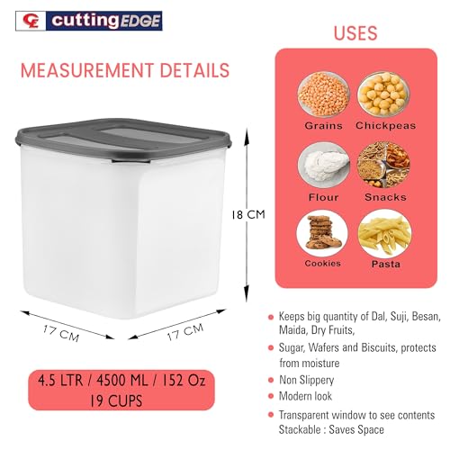 Cutting EDGE 2X Series 4.5 Litre Airtight Modular Container Set of 1, Leak Resistant Durable Plastic Kitchen Storage Organizer Box for Rice, Dal, Atta, Flour, Cereals & Snacks (Black Lid) - Image 3