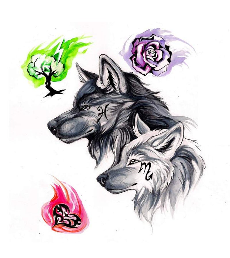 S.A.V.I 3D Temporary Tattoo Beautiful Lucky Wolves Couple Love Design Size 21x15CM - 1PC., Black, 10 g - Image 1