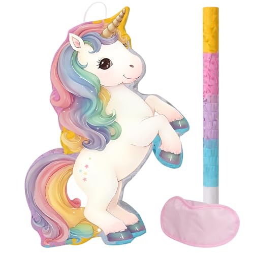 JOARHONAL Magical Unicorn Piata Small Unicorn Piata with Blindfold and Bat Rainbow Unicorn Themed Birthday Party Games Decorations Small Size 16x10x3 - Image 1