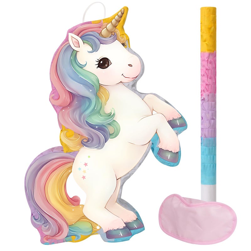 JOARHONAL Magical Unicorn Piata Small Unicorn Piata with Blindfold and Bat Rainbow Unicorn Themed Birthday Party Games Decorations Small Size 16x10x3 - Image 3