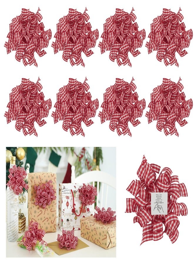 AIMUDI Red Curly Bows for Gift Wrapping 5'' Christmas Gift Bows Plaid Burst Bows Self Adhesive Bows for Treats Presents Crafts Christmas Party Favors, 8 PCs - Image 1