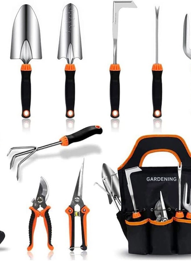QINGFANGLI Garden Tool Set,10 PCS Stainless Steel Heavy Duty Gardening Tool Set with Soft Rubberized Non-Slip Ergonomic Handle Storage Tote Bag,Gardening Tool Set Gift for Women and Men - Image 1