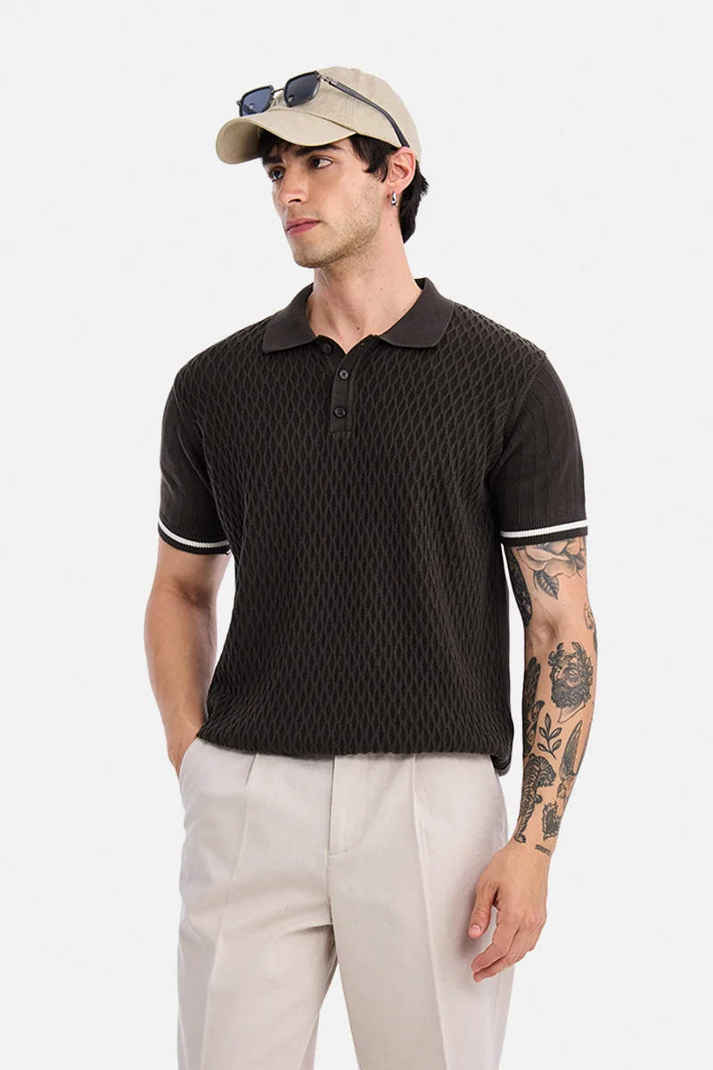 SNITCH Dark Brown Textured Half Sleeve Regular Fit Casual T-Shirt