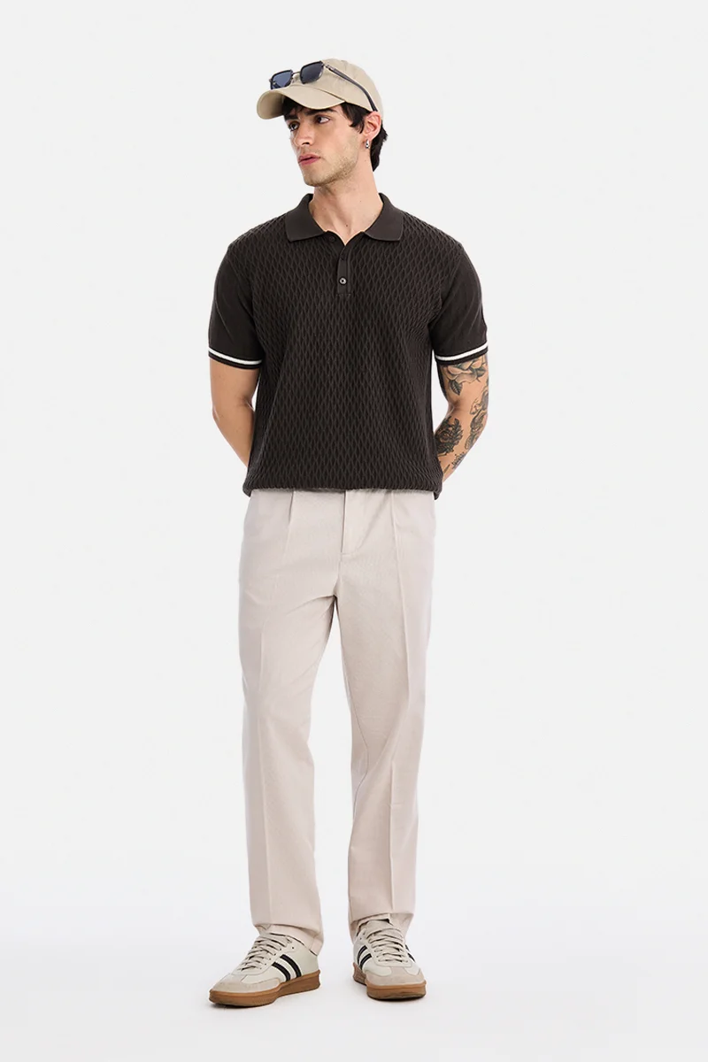 SNITCH Dark Brown Textured Half Sleeve Regular Fit Casual T-Shirt