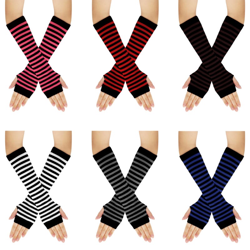 Fumwase 6 Pairs Women Long Fingerless Gloves Knit Winter Striped Arm Warmers Thumb Hole Stretchy Gloves (Colorful) - Image 1