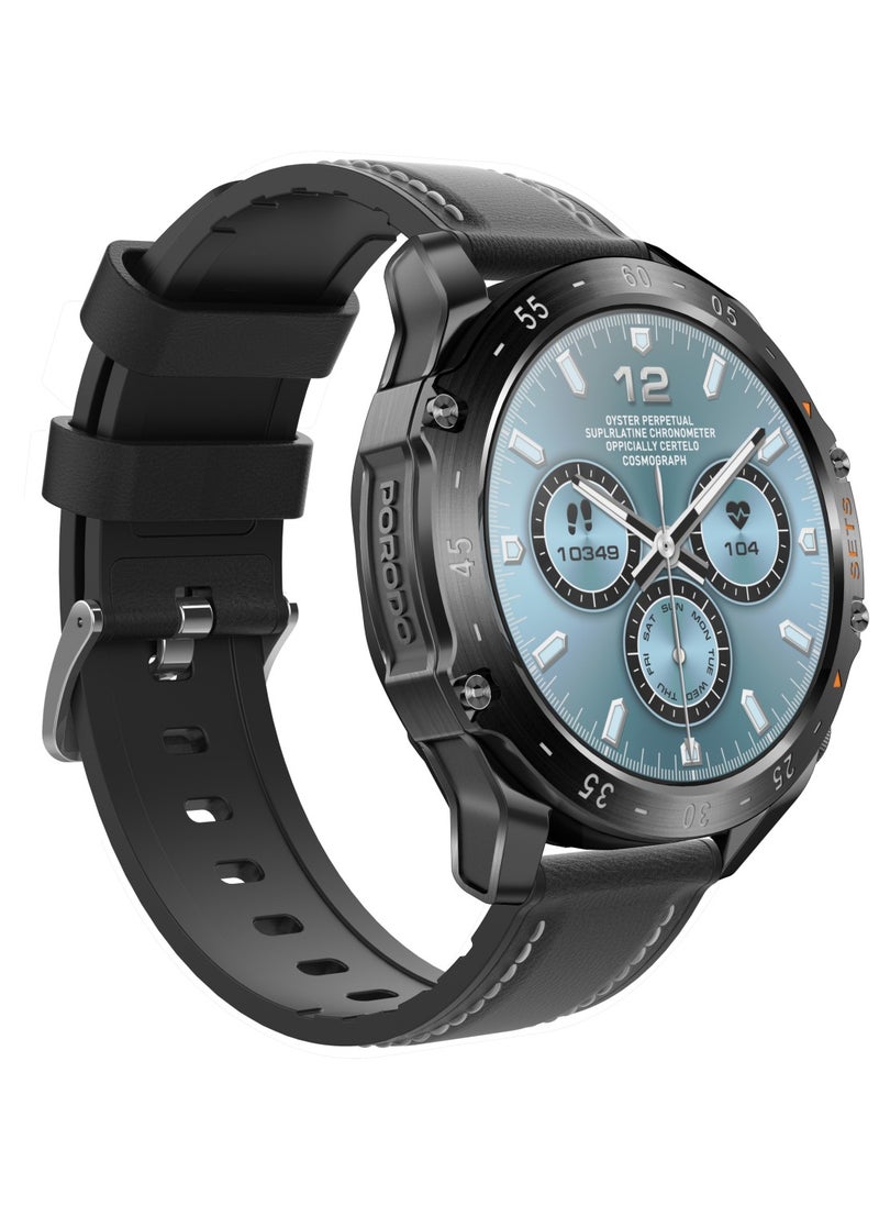 porodo - Hype Smart Watch Black dial with Earbuds and Black Leather Band - Image 1