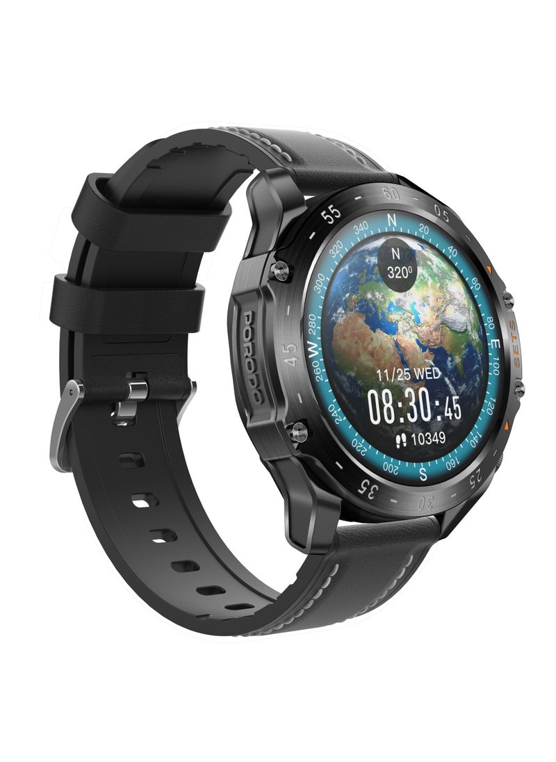 porodo - Hype Smart Watch Black dial with Earbuds and Black Leather Band - Image 1