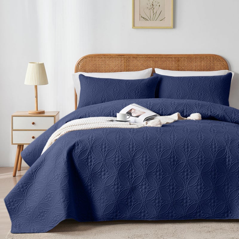 Wuruibo Full/Queen Quilt Set Navy Blue  Microfiber Lightweight Bedspreads  Ultrasonic Embossed Solid Coverlet  Thin Bedding Set For All Season  Soft Breathable Bed Cover(1 Quilt  2 Pillow Shams) - Image 1