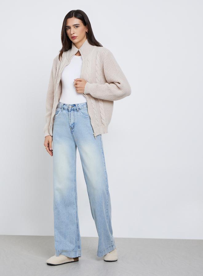 ستايلي سويتر محبوك سميك بحياكة كابل وسحاب غلق - Image 2