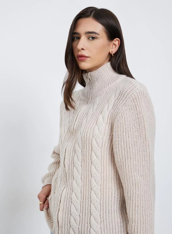 Styli Beige Chunky Cable Knit Zip-Up Sweater