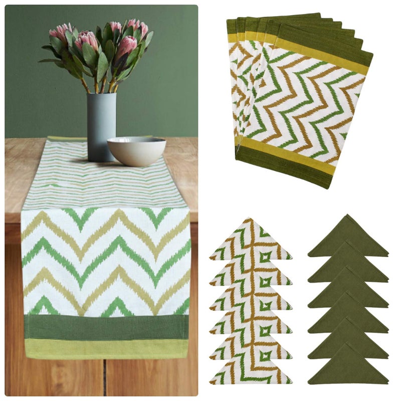 Dekor World Chevron Printed Green Cotton Table Runner with 8 Pcs Place Mat and Napkin (33x240cm/33x47cm/45x45cm) (Pack of 25 Pcs)-8 Seater Dinning & Center Table - Image 1