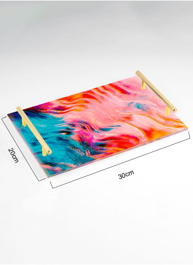 LOWHA Decorative Acrylic Serving Tray with Gold Color Metal Handles Pixels Watercolor 20x30cm  - Image 2