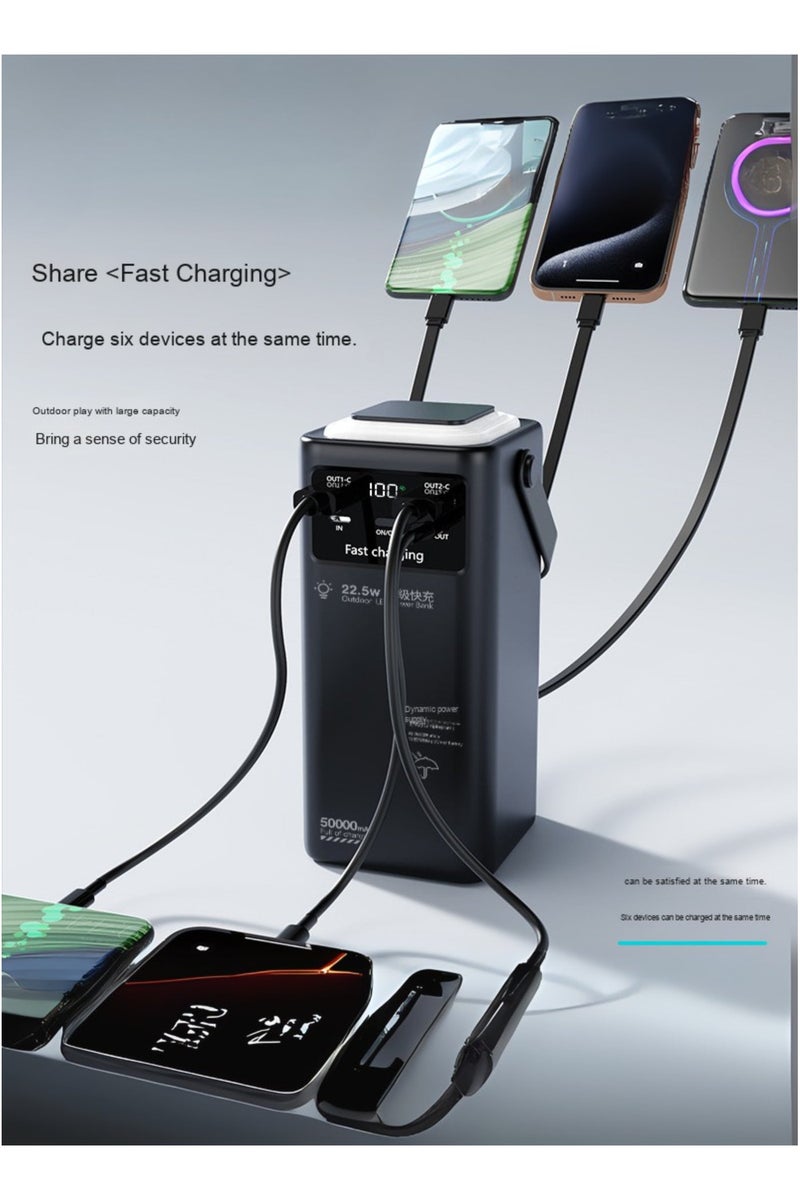 50000mAh Power Bank with Digital Display & 22.5W Fast Charging – Dual USB & Dual Type-C Ports, 4 Built-in Cables (USB, Lightning, Type-C, Mini USB), LED Light, Portable Charger for Camping & Multi-Device Use | Black - view 2