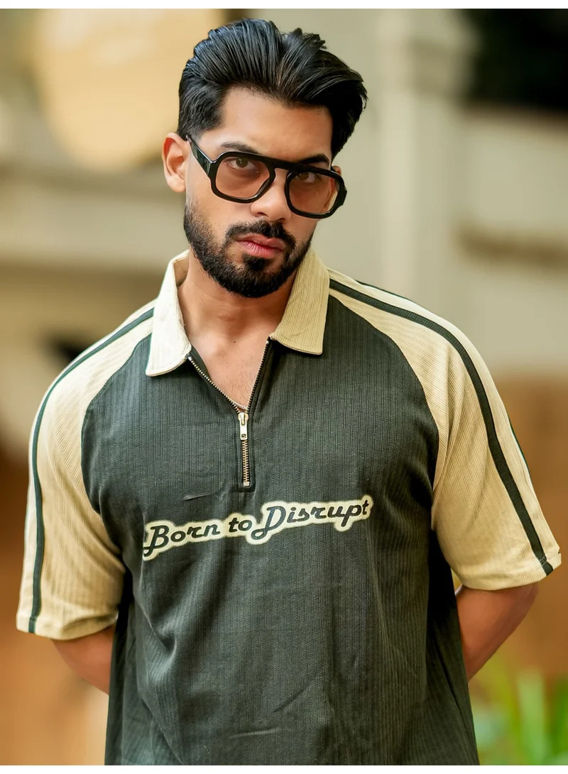 Maniac  Maniac Mens printed polo neck raglan half sleeve olive and beige cotton t-shirt for Men | Best Price UAE