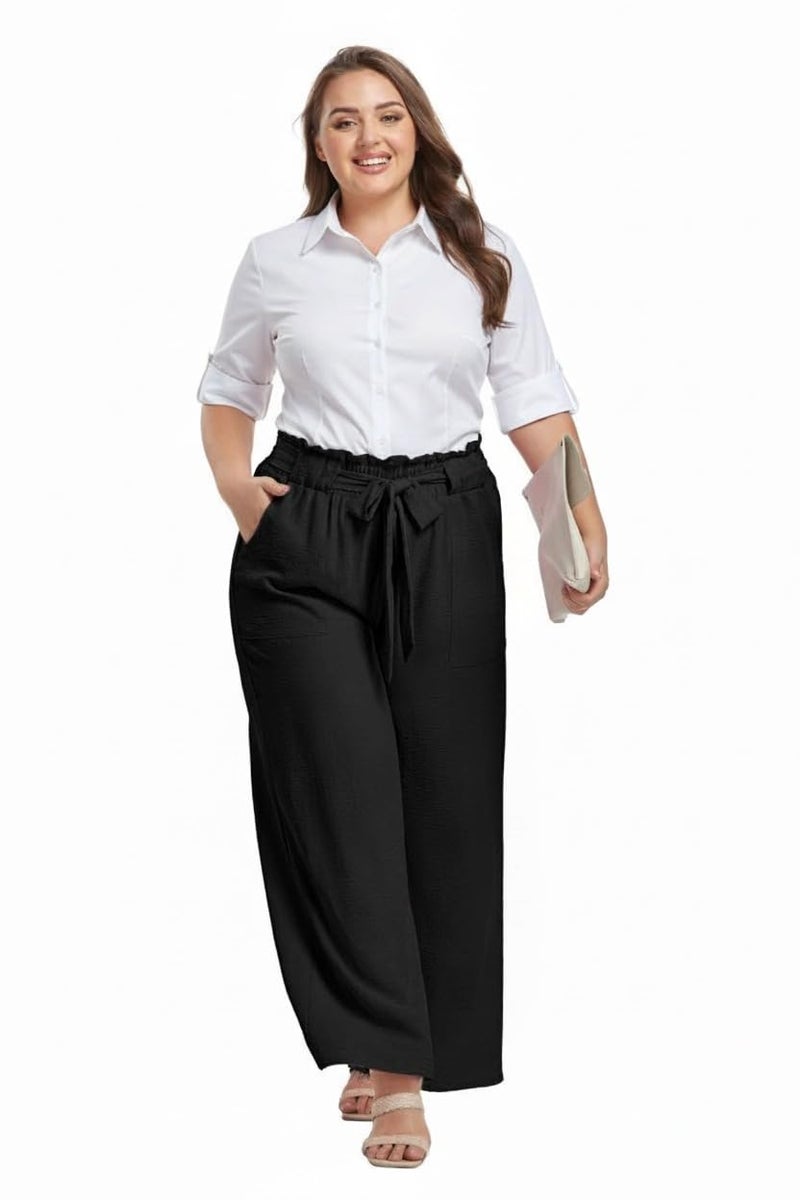 OLRIK Plus Size Womens Pants, Elastic High-Waist Wide-Leg Pants Fall Outfits 2025 Black-5X - Image 3