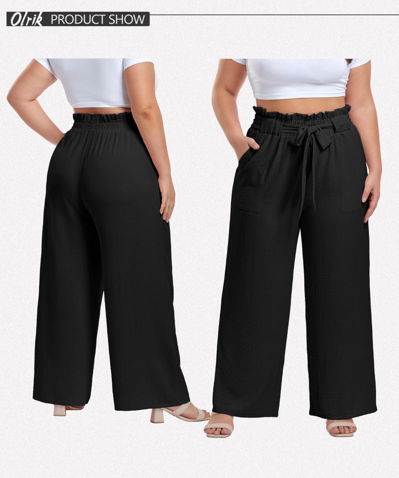 OLRIK Plus Size Womens Pants, Elastic High-Waist Wide-Leg Pants Fall Outfits 2025 Black-5X - Image 2