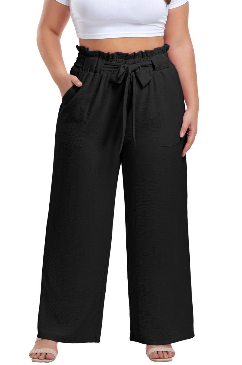 OLRIK Plus Size Womens Pants, Elastic High-Waist Wide-Leg Pants Fall Outfits 2025 Black-5X - Image 5