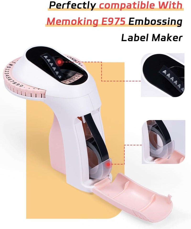 Memoking 3D E975 Embossed Label Tape 3/8"(9mm) - Plastic Self-Adhesive Embossing Label, Compatible with Phomemo, Dymo Omega, DYMO Junior, VolenGo Embossing Label Maker, Black (3 Pack) - Image 3