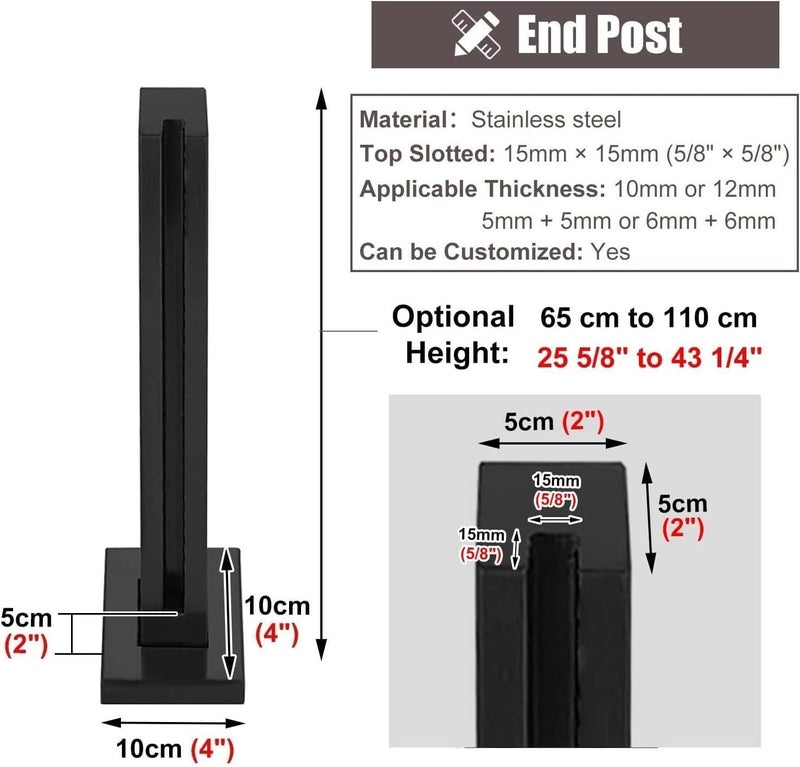 Glass Railing Post Square Floor Standing Glass Fence Panels Post for Home Patio Hallway Platform Stainless Steel Balustrade Post(Black-end Post-105cm) - Image 2
