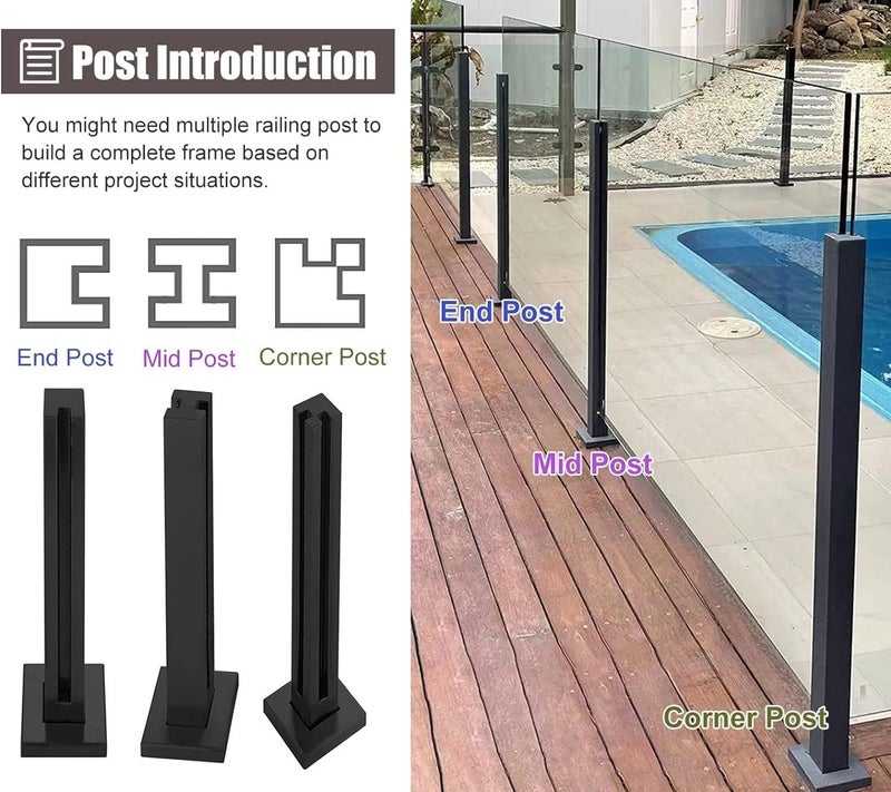 Glass Railing Post Square Floor Standing Glass Fence Panels Post for Home Patio Hallway Platform Stainless Steel Balustrade Post(Black-end Post-105cm) - Image 5