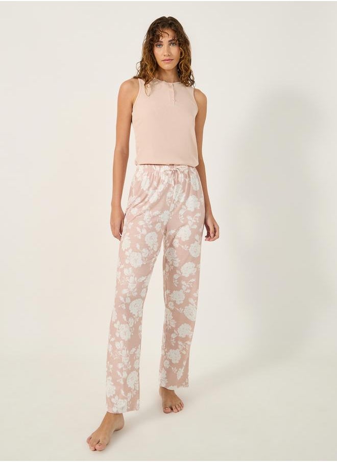 Styli - Ribbed Tank Top and Floral Print Pyjama Pants Set - Image 1