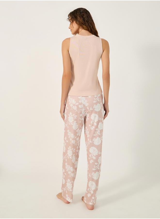 Styli - Ribbed Tank Top and Floral Print Pyjama Pants Set - Image 1
