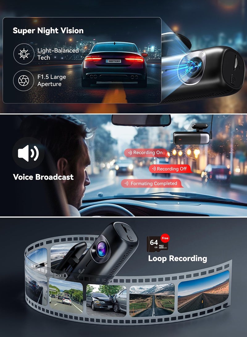 REDTIGER F9 Dash Cam 4K 1080P, Front and Rear Dual Camera for Car, Built-in WiFi, GPS, Night Vision, Parking Mode, G-Sensor, Loop Recording, Included 32GB SD Card, 256GB Support - Image 5