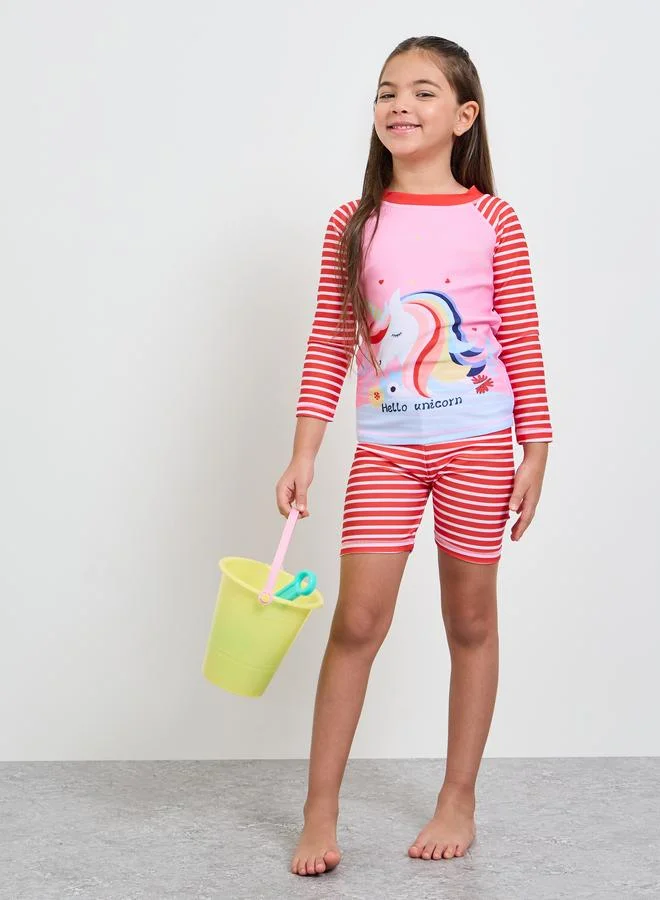 Styli Girls Striped Graphic Print T-Shirt and Swim Shorts Set